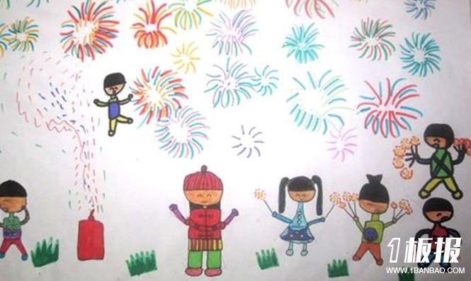 二年级春节儿童画-春节看烟花