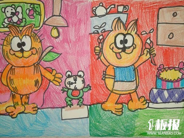 可爱加菲猫蜡笔画作品图片- www.yiyiyaya.cn