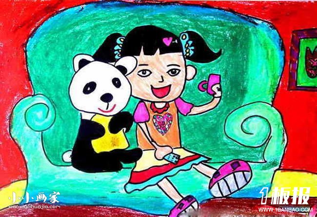 我和熊猫一起看电视蜡笔画作品图片- www.yiyiyaya.cn