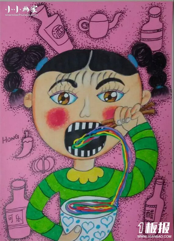 吃面条的小女孩蜡笔画作品图片- www.yiyiyaya.cn