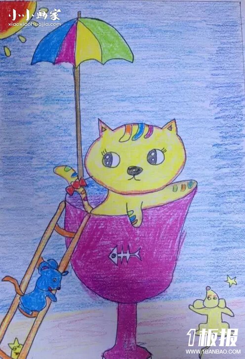 猫捉老鼠蜡笔画作品图片- www.yiyiyaya.cn