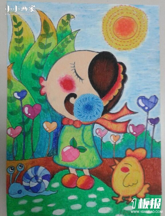 好心情的小女孩蜡笔画作品图片- www.yiyiyaya.cn