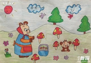 熊妈妈带宝宝采蘑菇蜡笔画作品图片